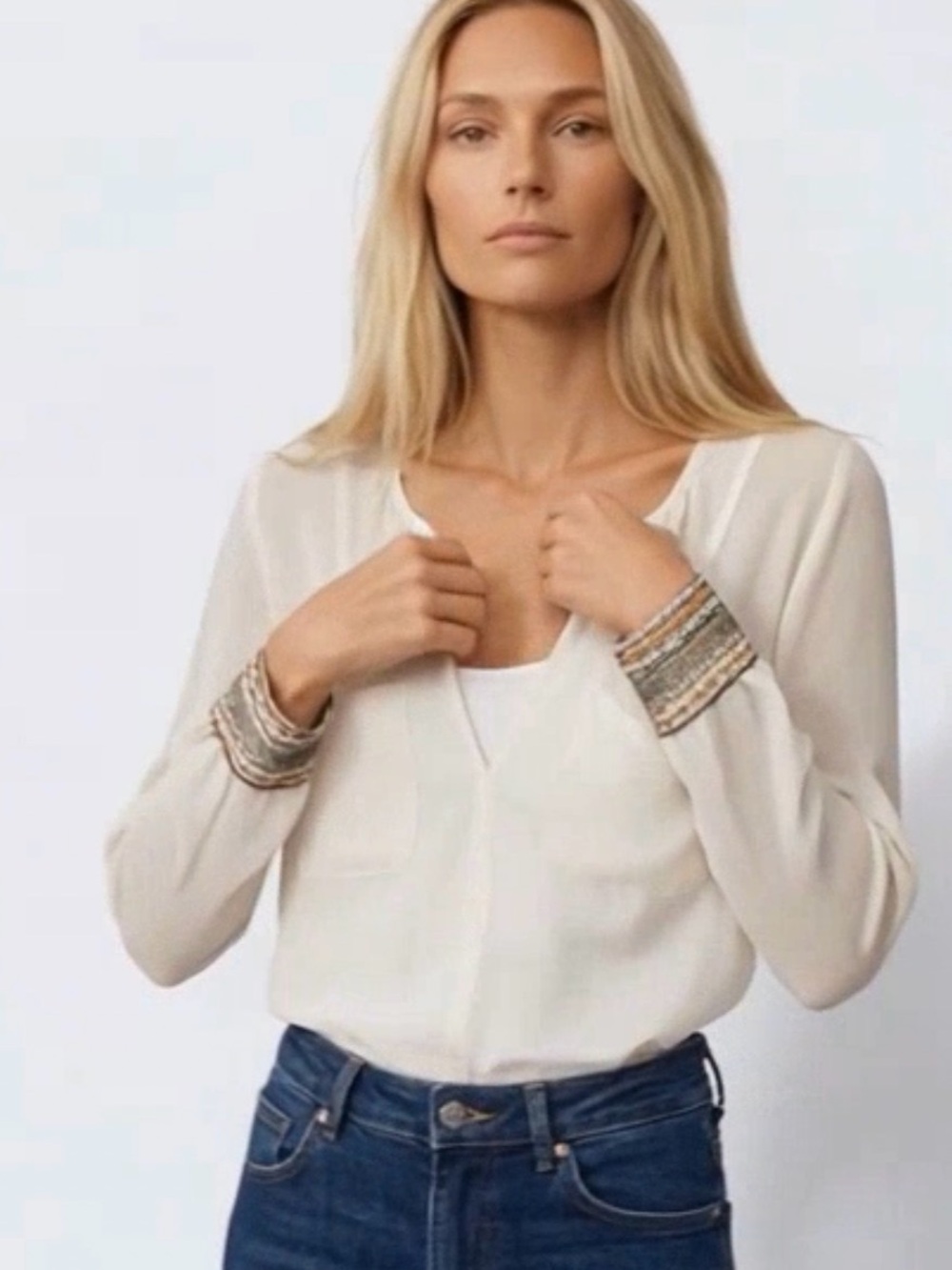 Cream Long-Sleeve V-Neck Blouse
